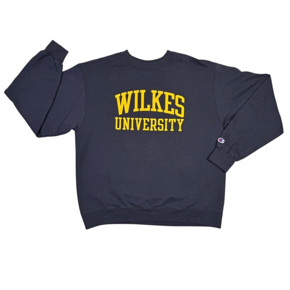 Wilkes University Sweatshirt Mens Large L Navy Blue Champion Crewneck Pullover - Picture 1 of 8